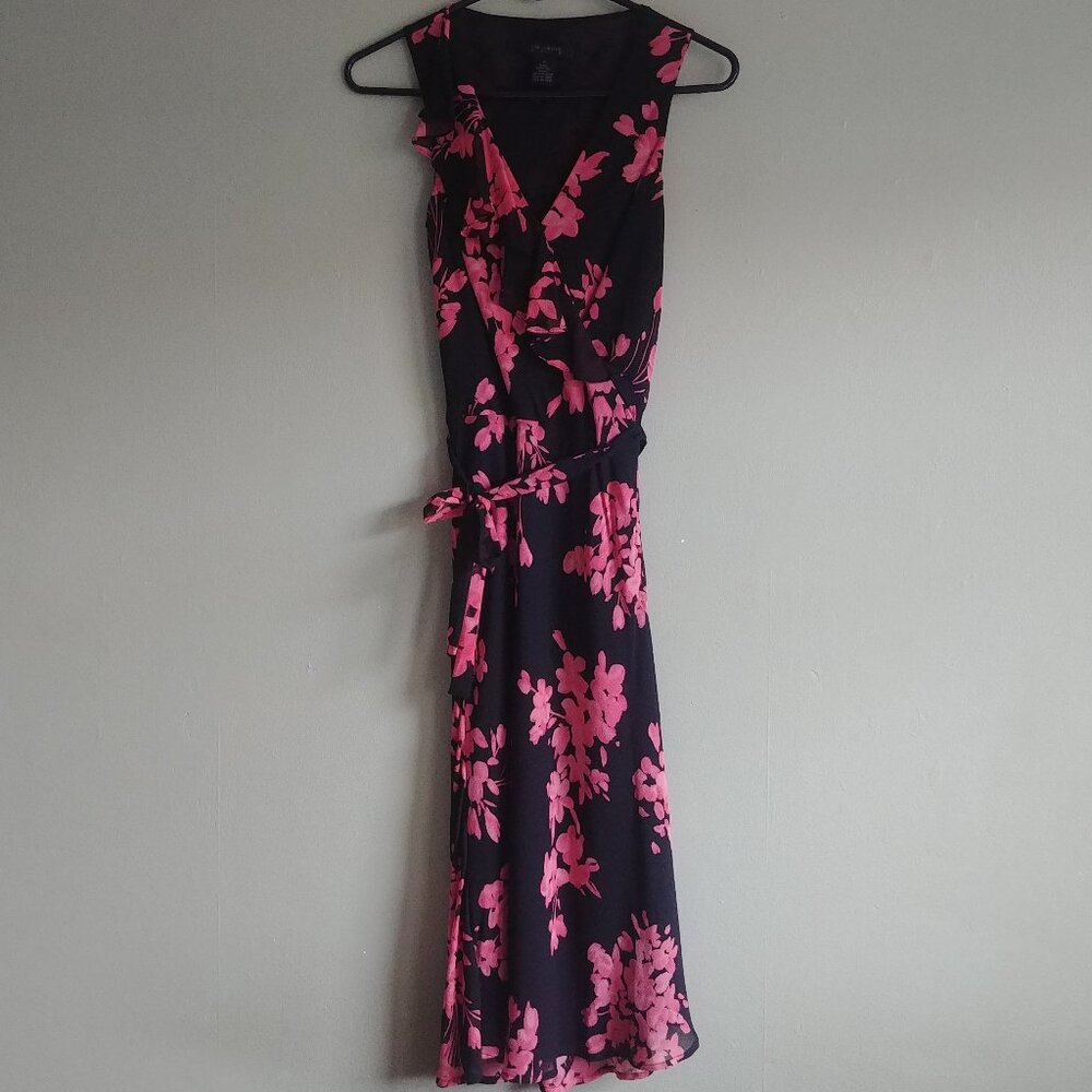 The Limited 100% silk black midi dress ruffle detail pink floral size 0